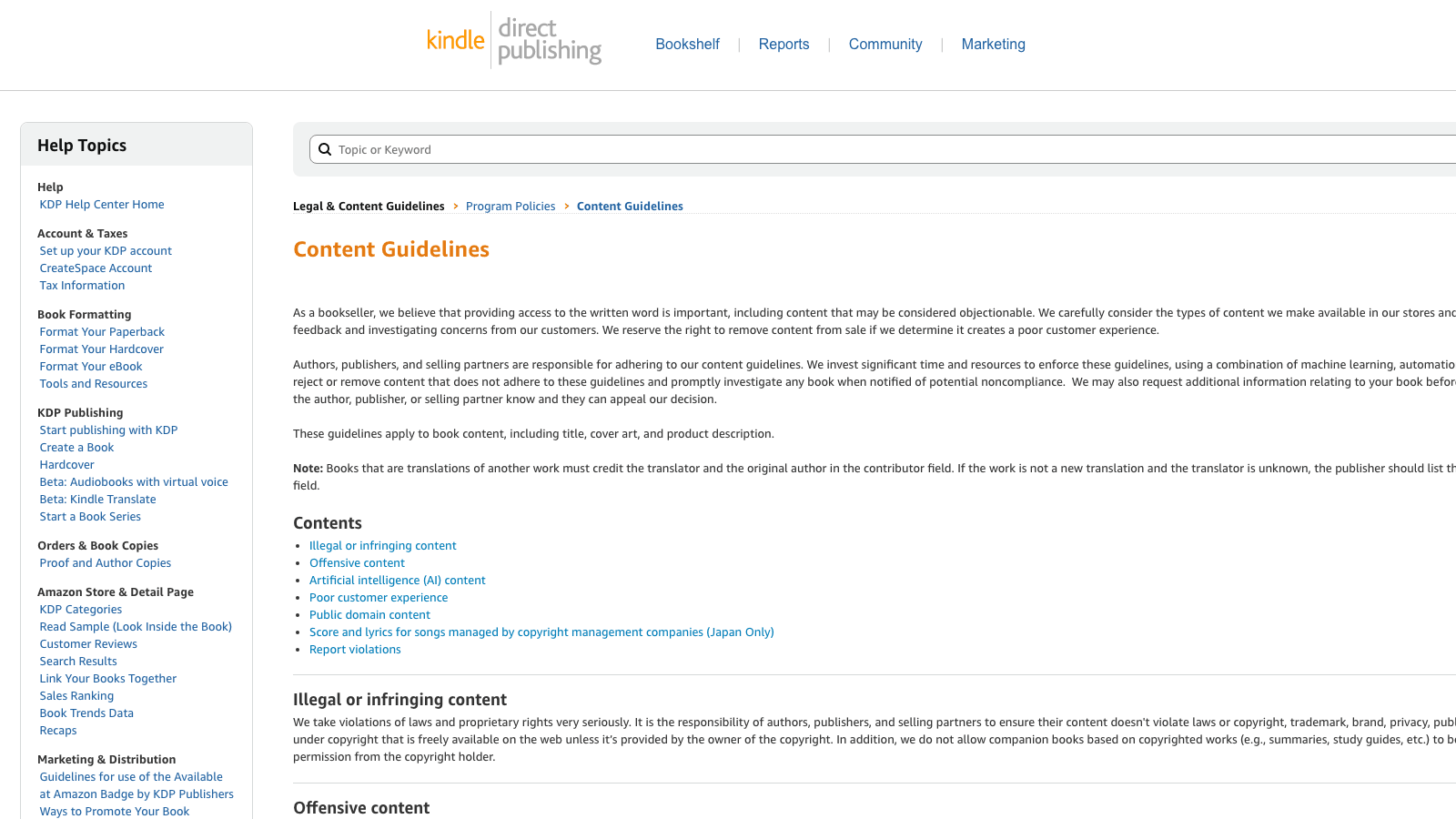 Amazon KDP AI content policy help page explaining disclosure requirements