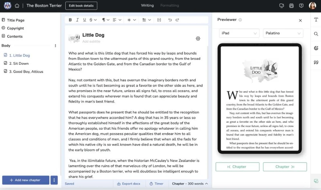 The Atticus editor with a chapter list, manuscript, and a live iPad formatting preview side by side.
