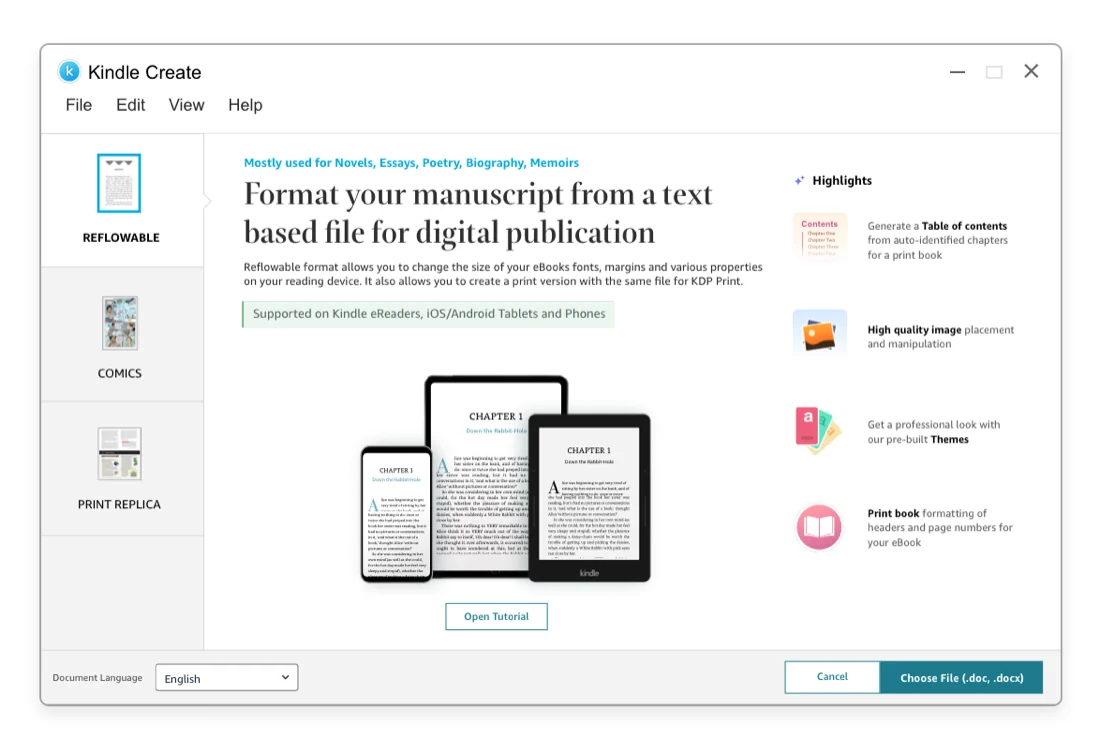 The Kindle Create start screen offering Reflowable, Comics, and Print Replica formats.