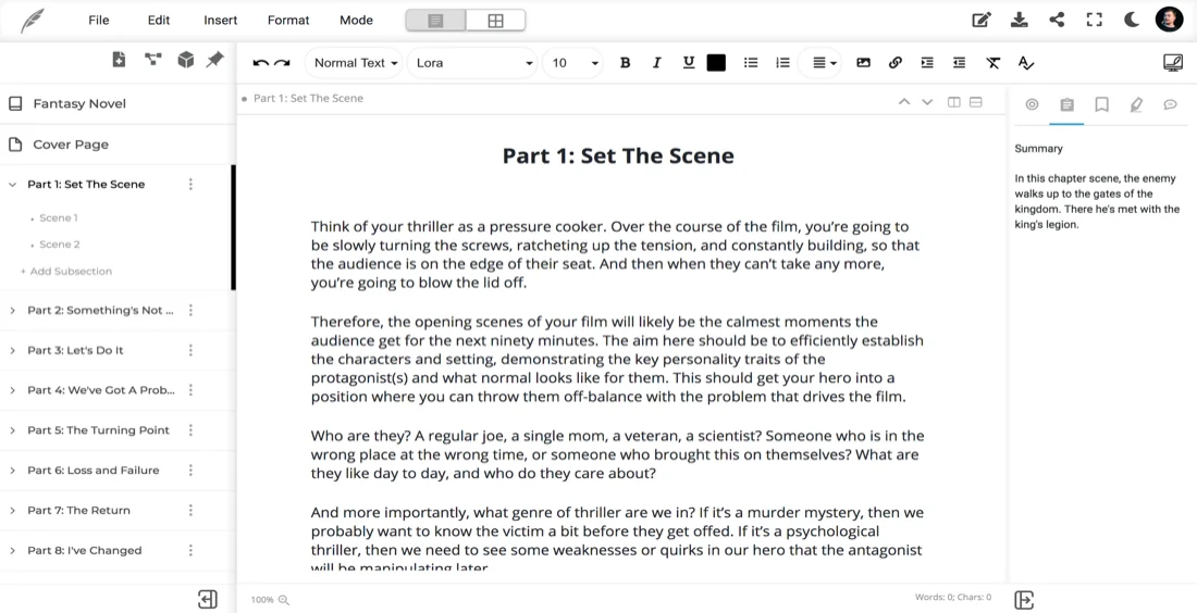 Squibler's Part and Scene outline for a fiction manuscript, with AI summaries alongside the draft.