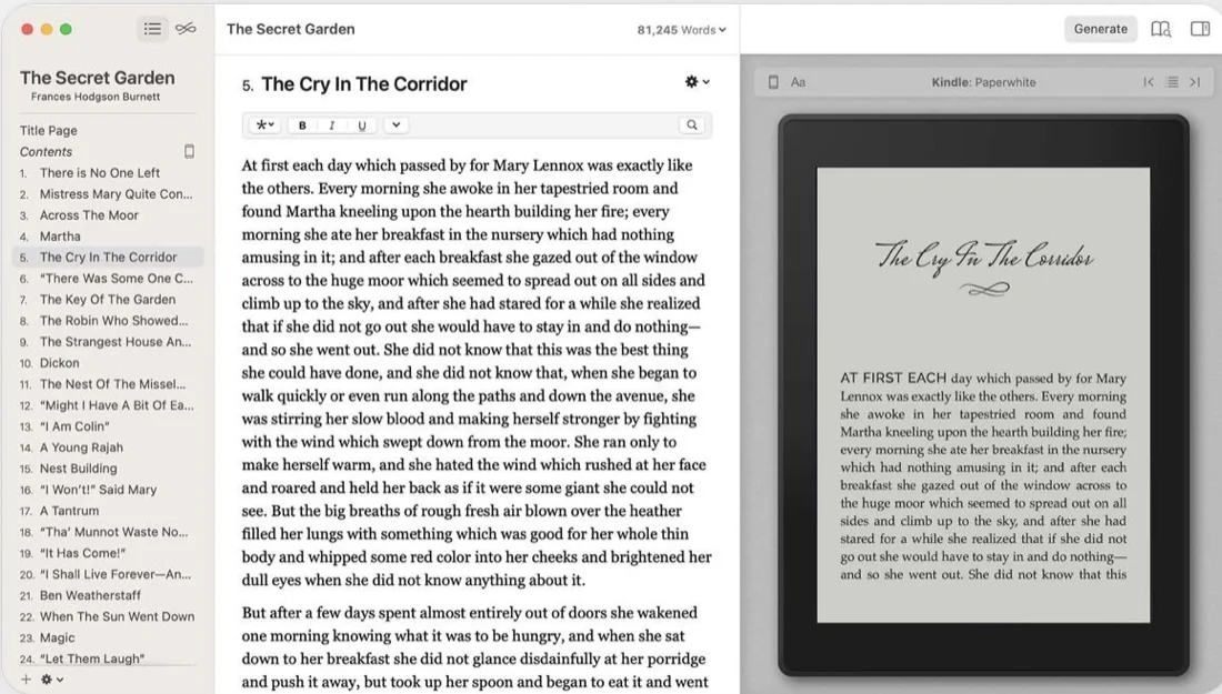 Vellum showing a manuscript with a Kindle device live preview on the right.