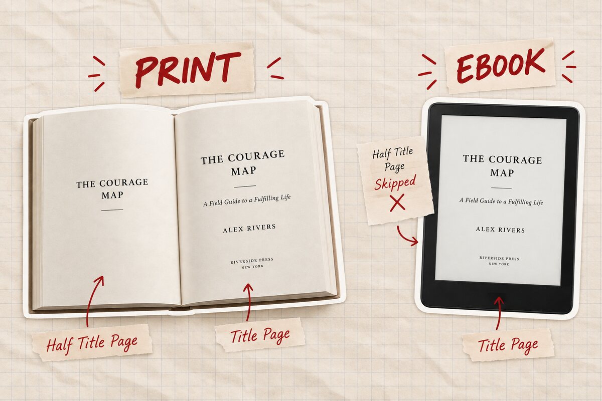 A print book keeping its half title page beside an ebook that skips it and opens straight to the title page