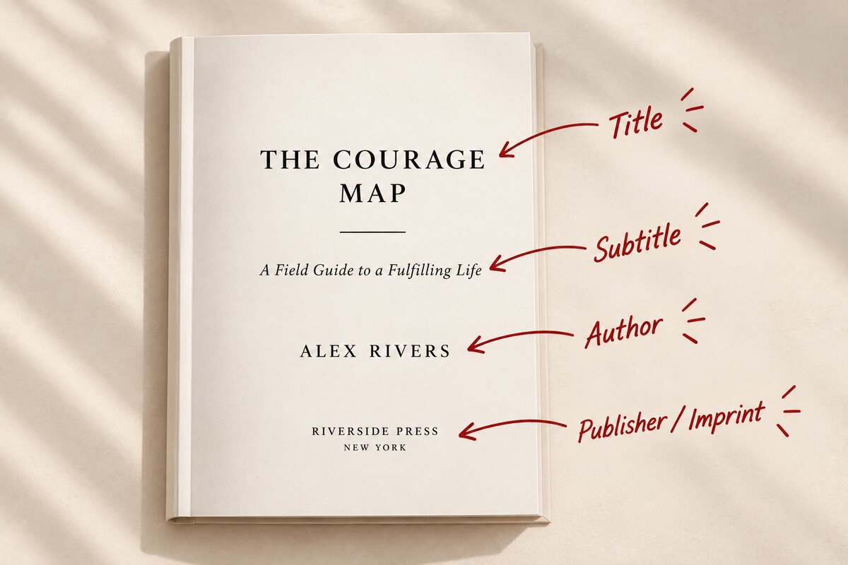An annotated title page showing the title, subtitle, author name, and publisher imprint labeled top to bottom