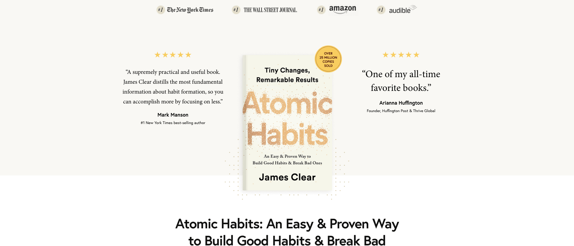 James Clear's Atomic Habits website showing the book that sold over 25 million copies through Avery, a Penguin Random House imprint