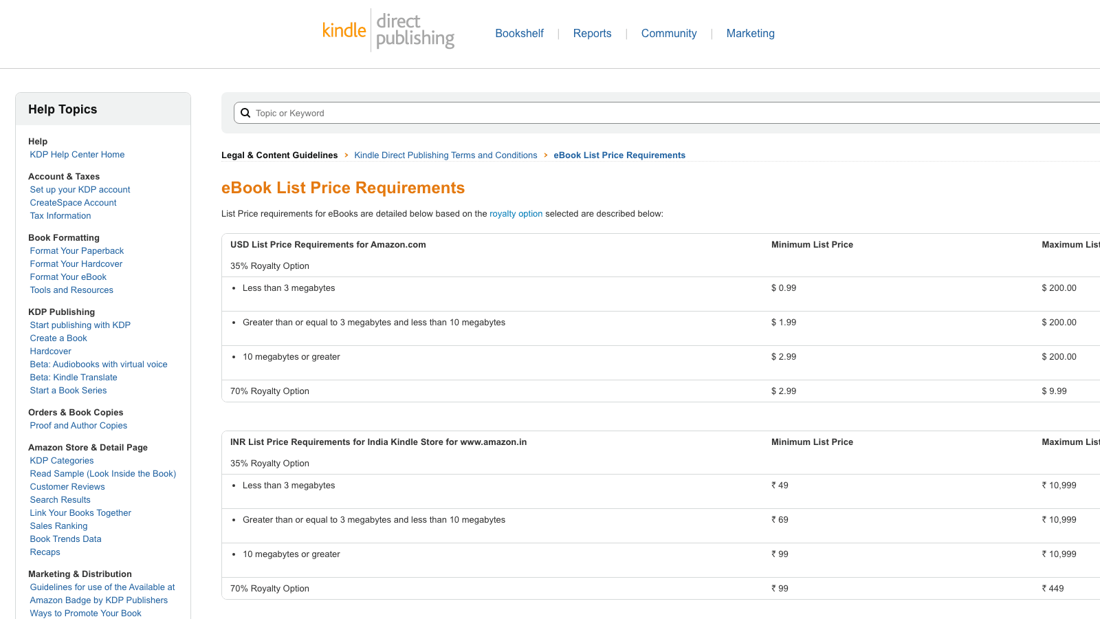 The Kindle Direct Publishing help center showing royalty options and free distribution