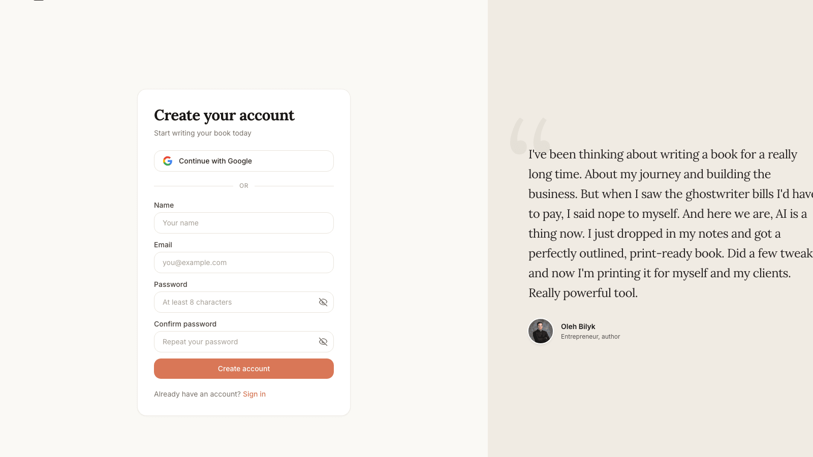 Built&Written sign-up screen with author testimonial about turning notes into a print-ready book