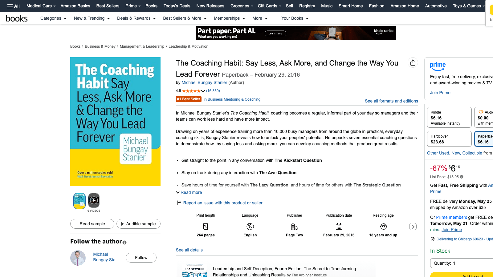 Amazon listing for a self-published business book showing reviews, look-inside, and Best Sellers Rank