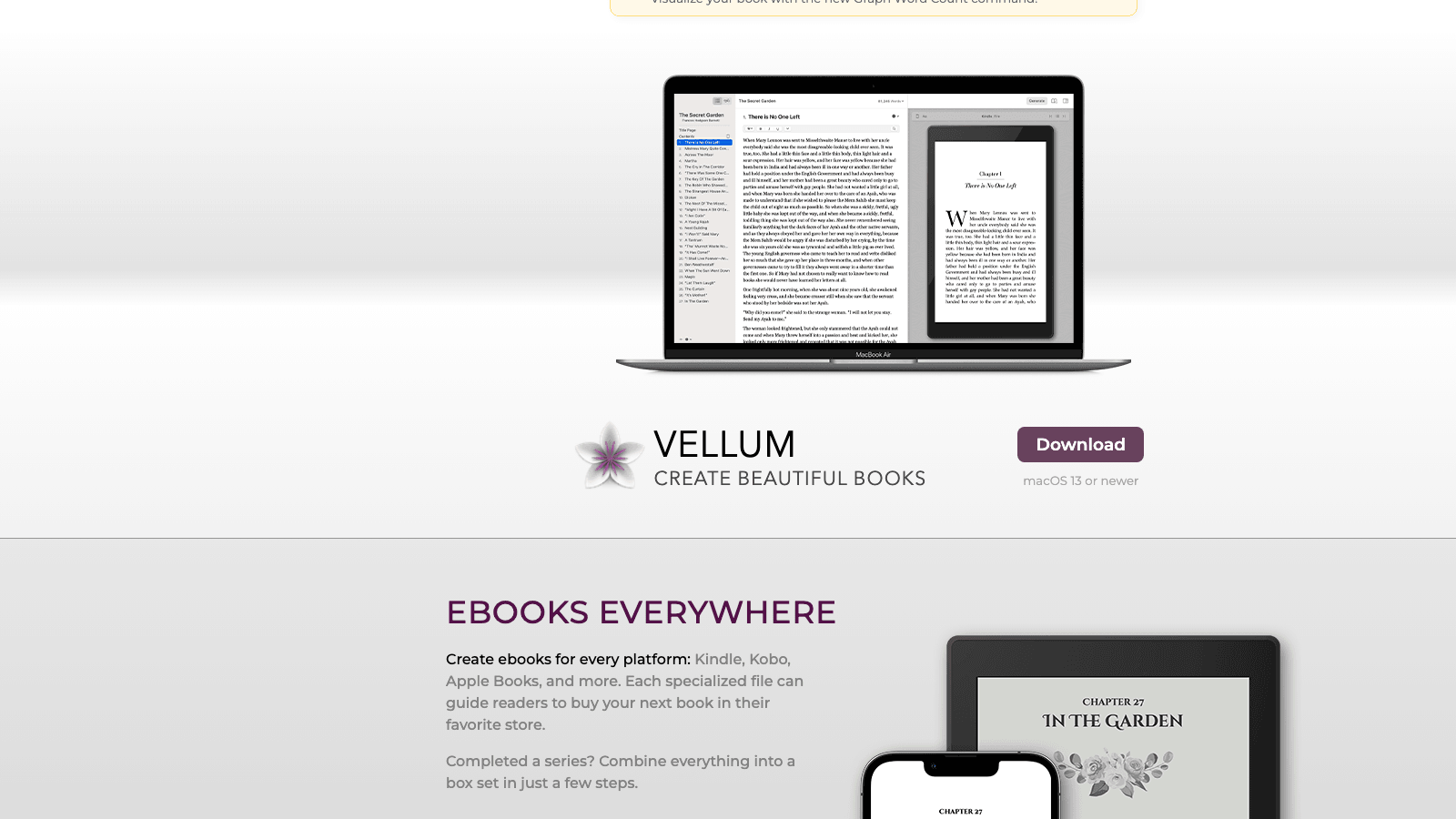 The Vellum book formatting application showing trim sizes and preset typography