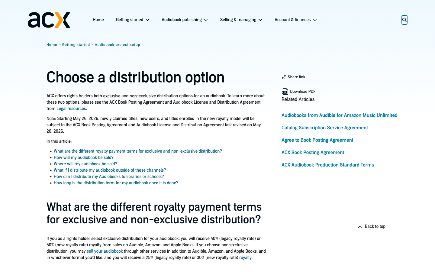 ACX help page showing exclusive versus non-exclusive distribution options and royalty rates