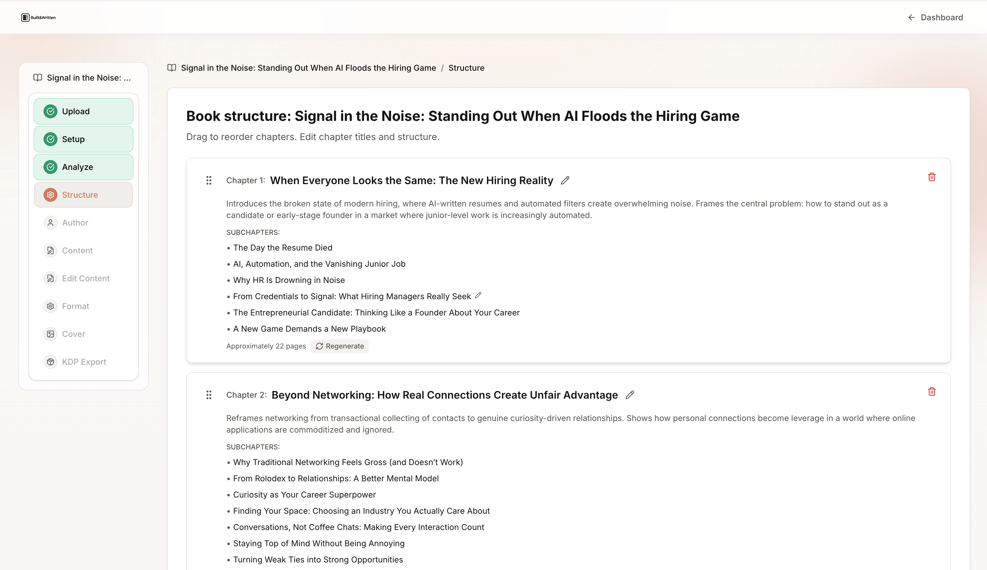 Built&Written editor assembling a finished coaching manuscript from pasted content with Voice DNA