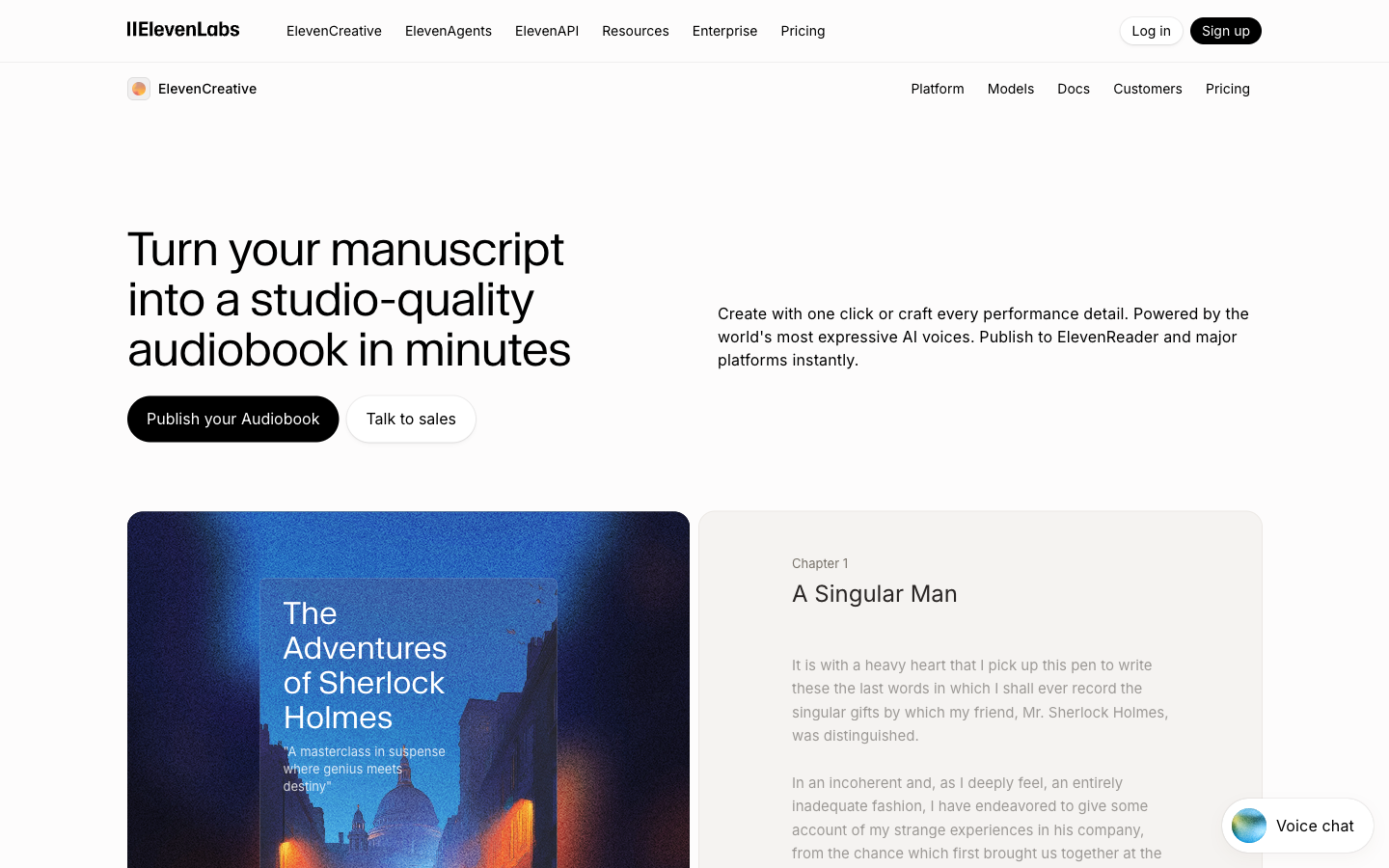 ElevenLabs audiobook production page showing AI voice narration for long-form books