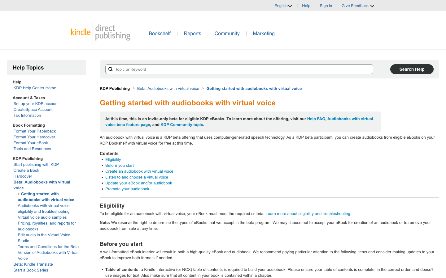 Amazon KDP Virtual Voice help page explaining AI-narrated audiobooks from eligible Kindle ebooks