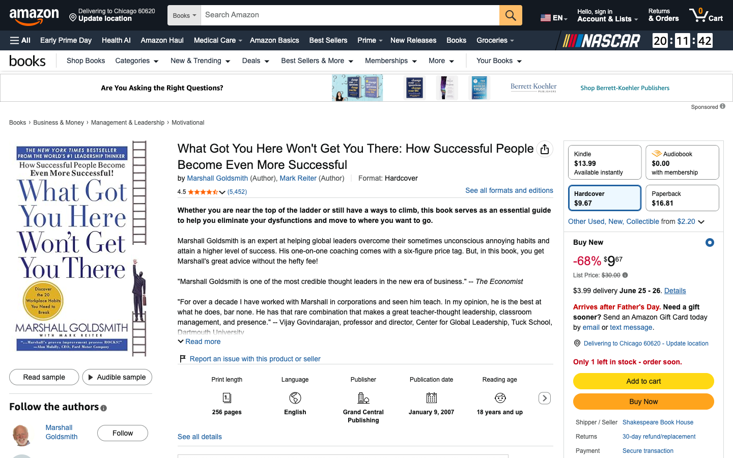 Amazon listing for What Got You Here Won't Get You There by Marshall Goldsmith, described as filled with disguised anecdotes