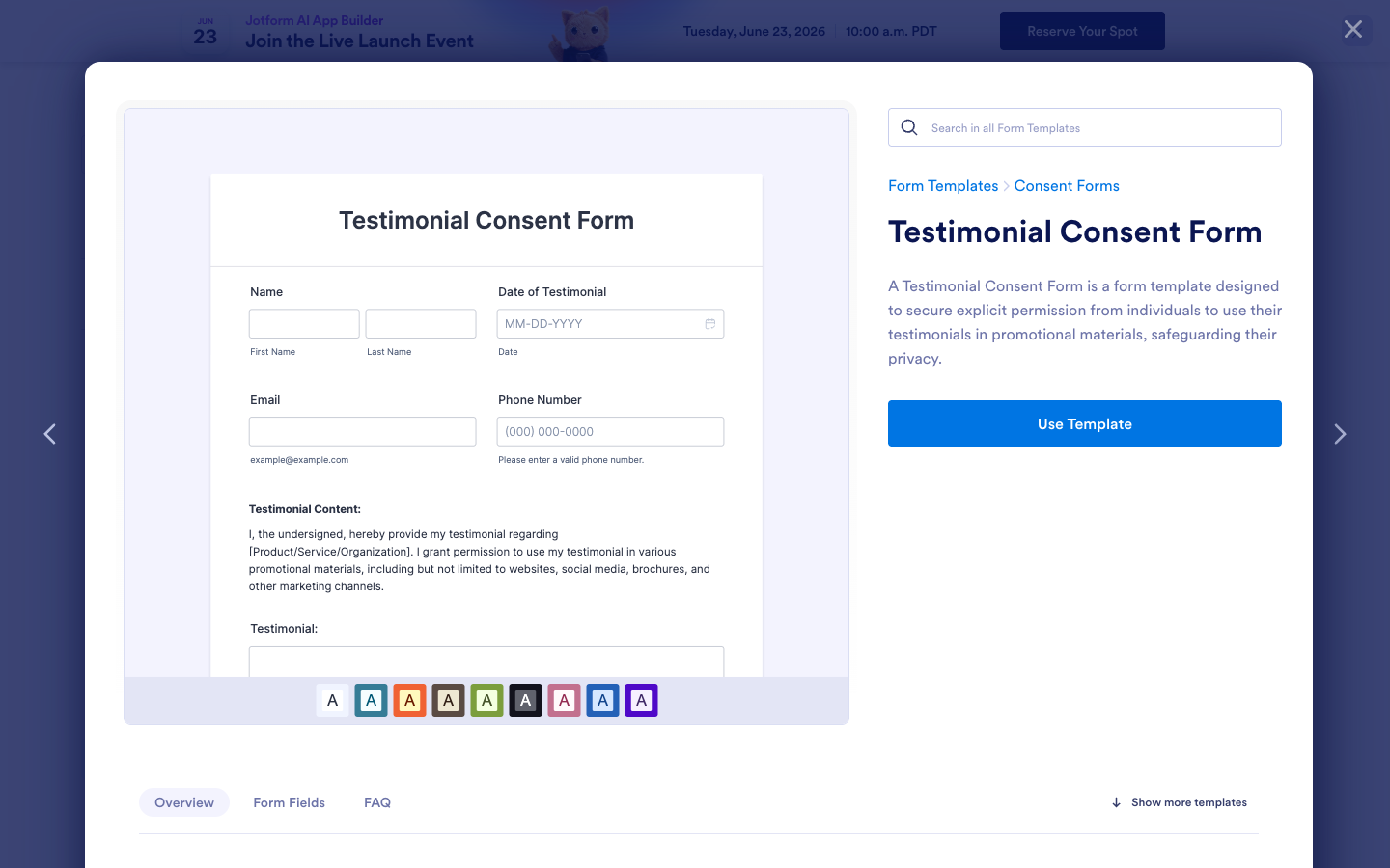 A testimonial consent and release form template showing fields for the client name, the testimonial, and signed permission to publish