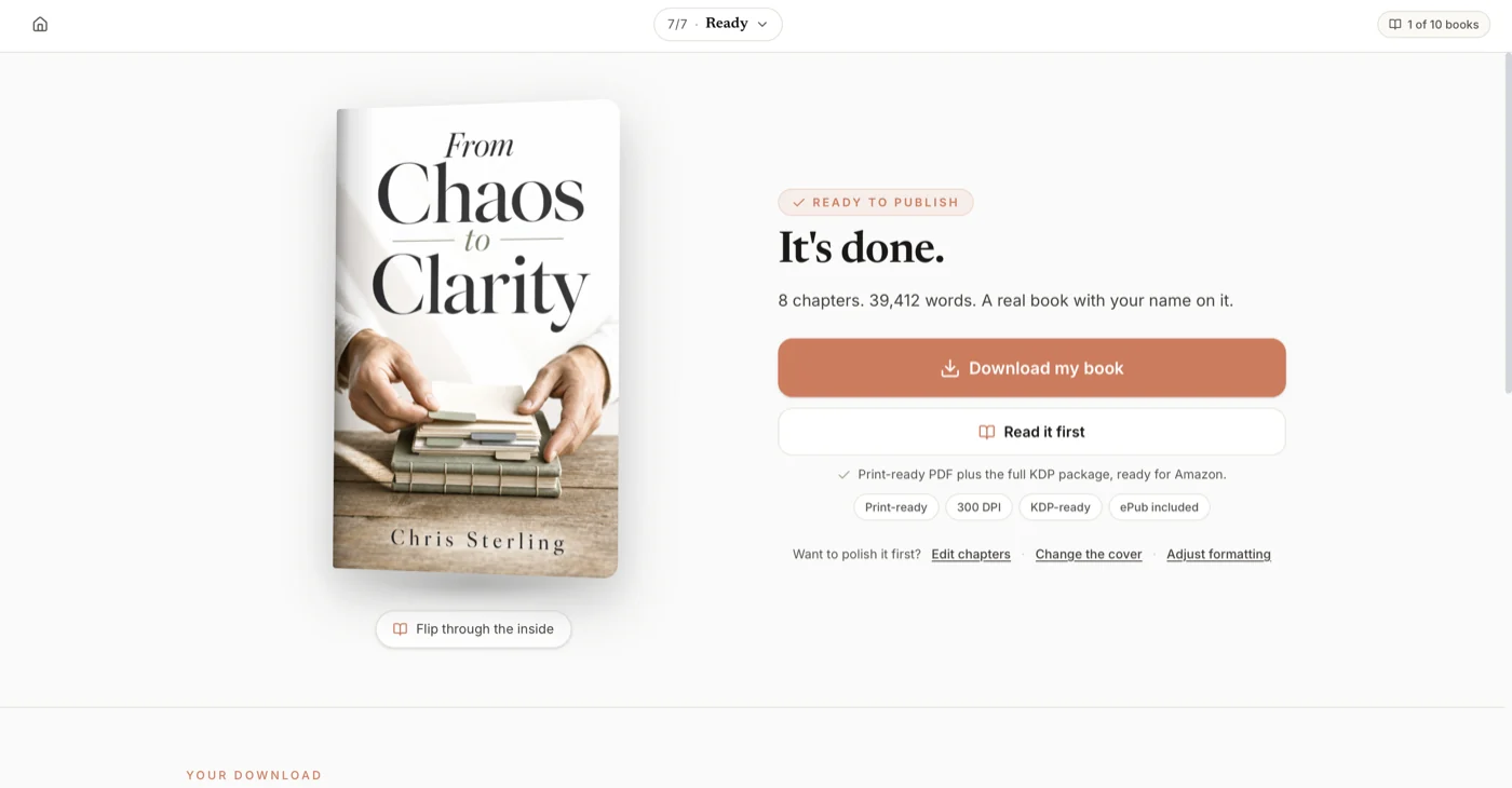Built&Written ready-to-publish screen showing a finished book, a download button, and print-ready, 300 DPI, KDP-ready, and ePub-included badges