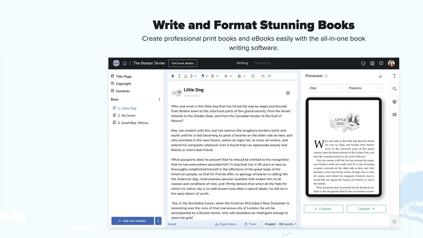 Atticus all-in-one book writing and formatting software showing the editor and a live ebook preview