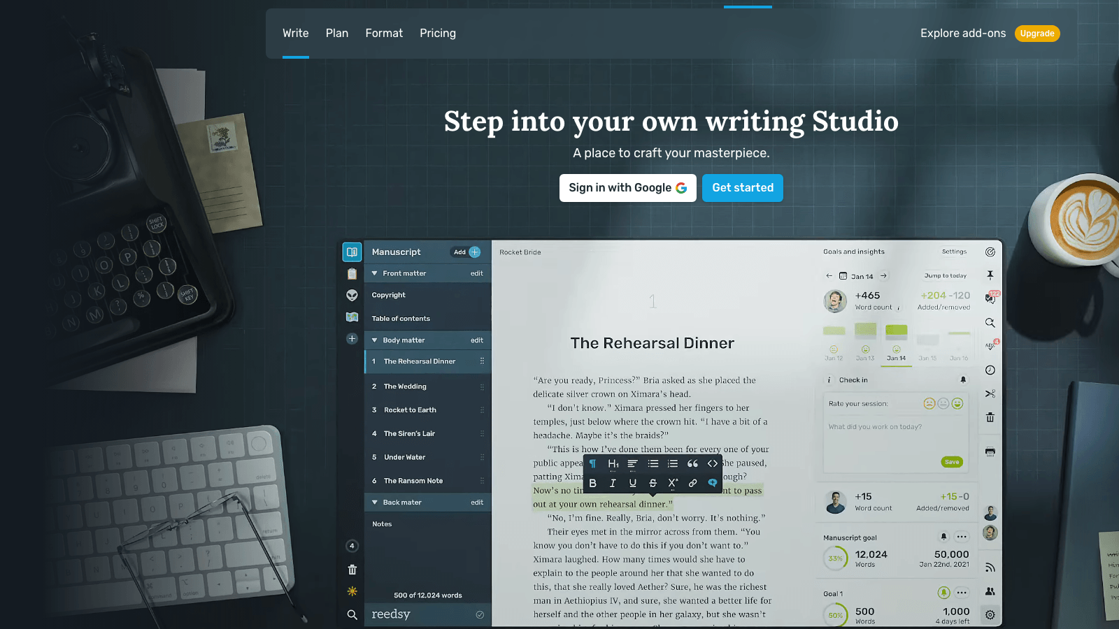 Reedsy Book Editor writing studio with a manuscript and formatted preview in the browser