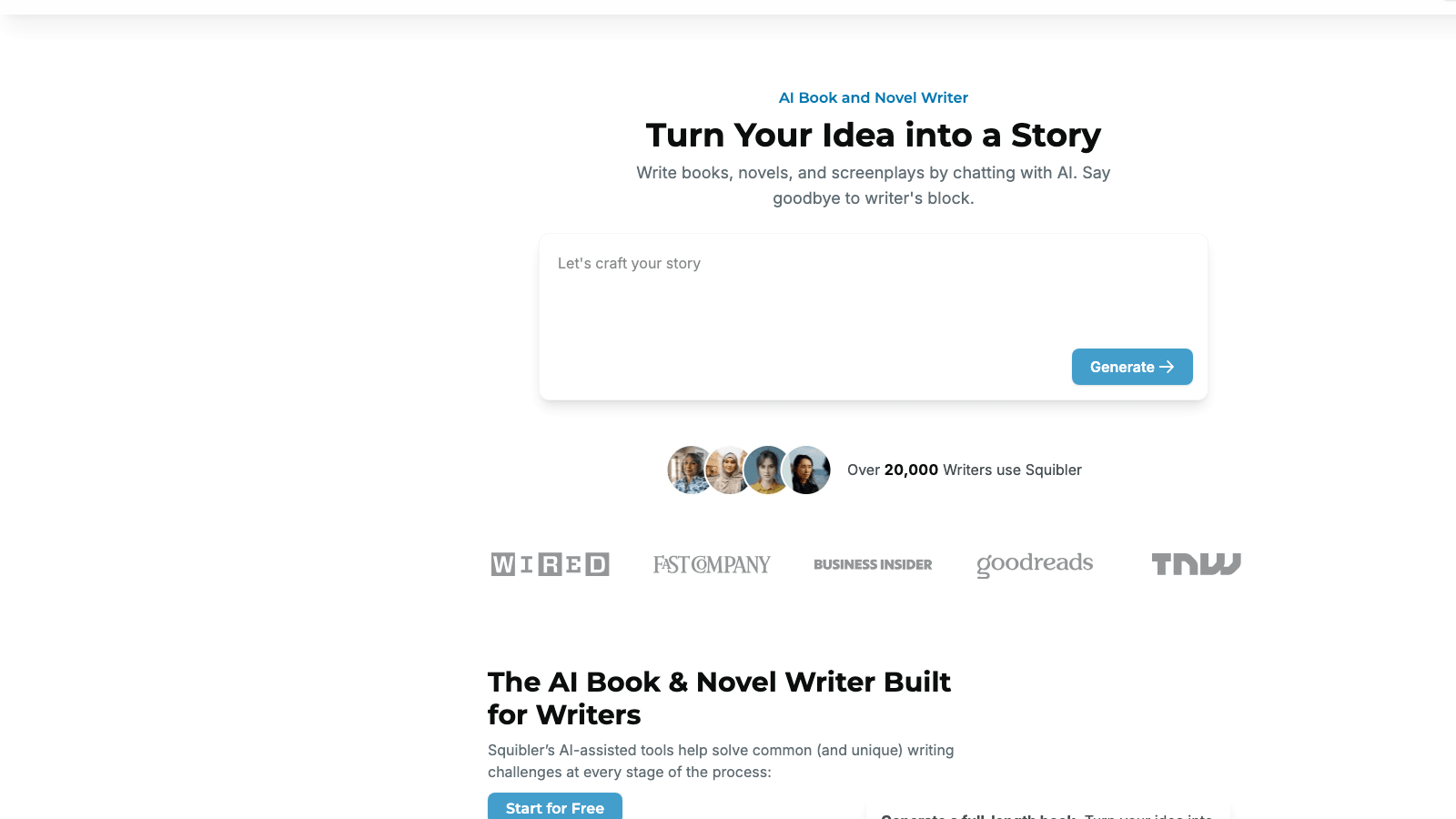 Squibler AI book and novel writer landing page with a prompt box to generate a story