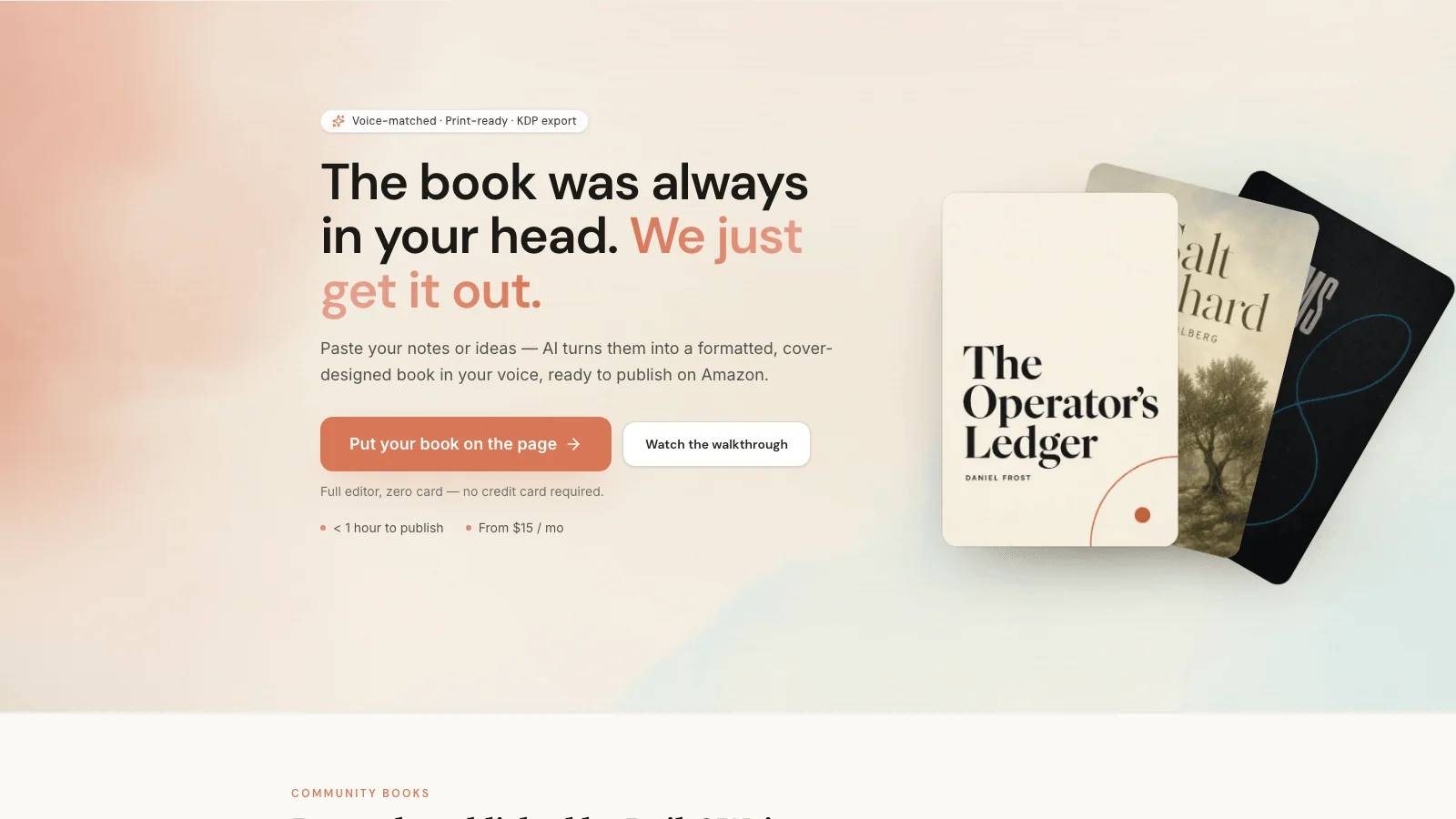 Built&Written homepage showing AI-powered book creation