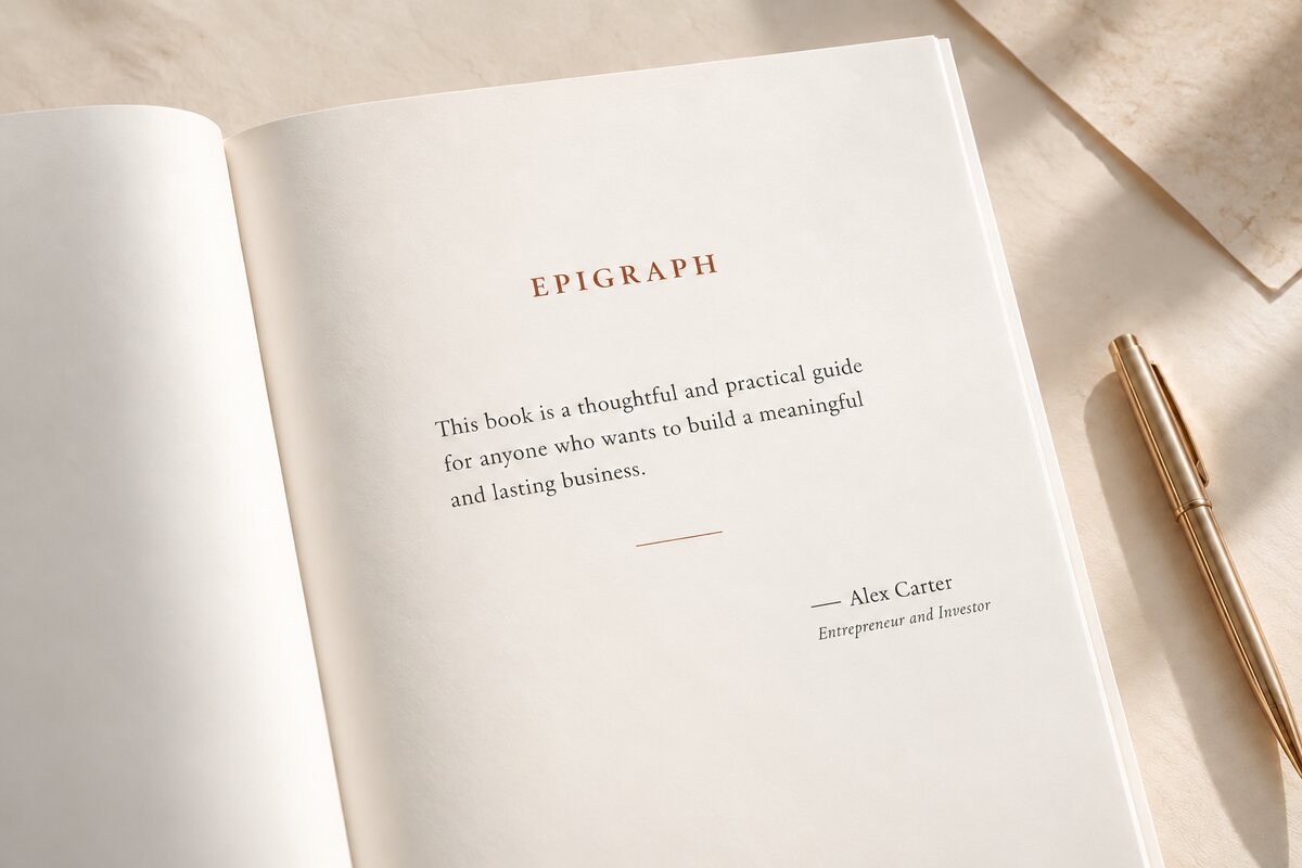 An open book showing an epigraph page: a short italic quote set apart on its own page with the author's name below it