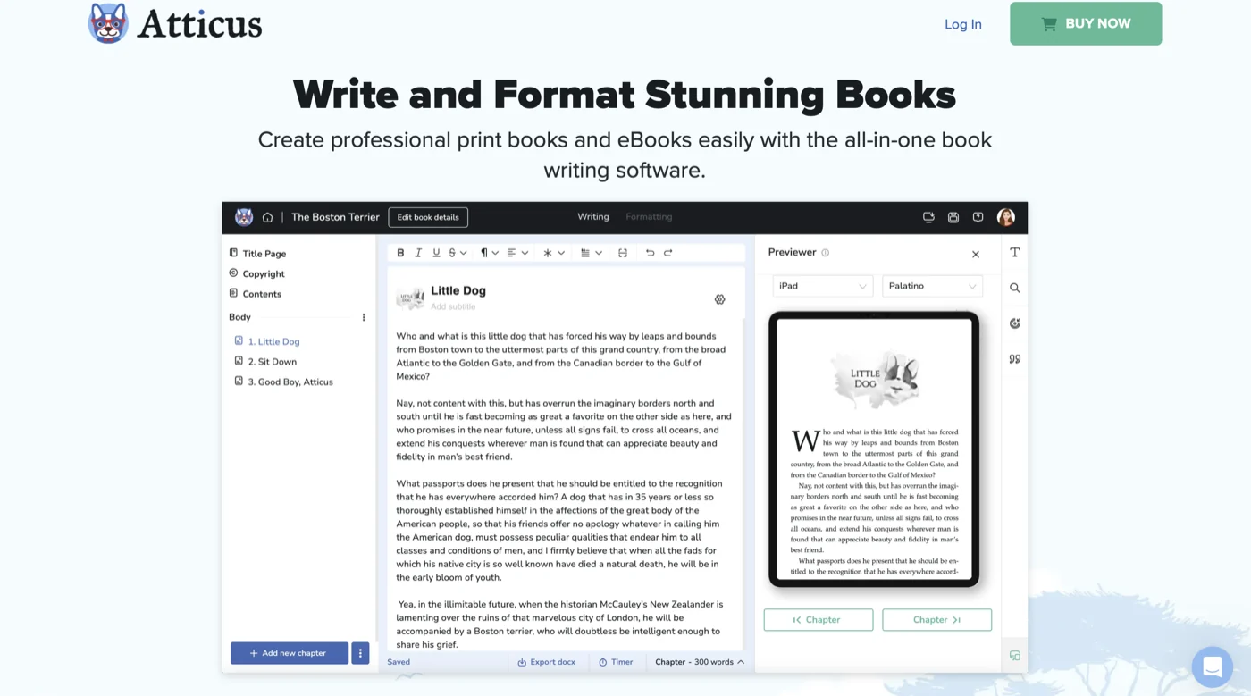 Atticus book-writing app showing a chapter open in the editor with a live iPad preview on the right