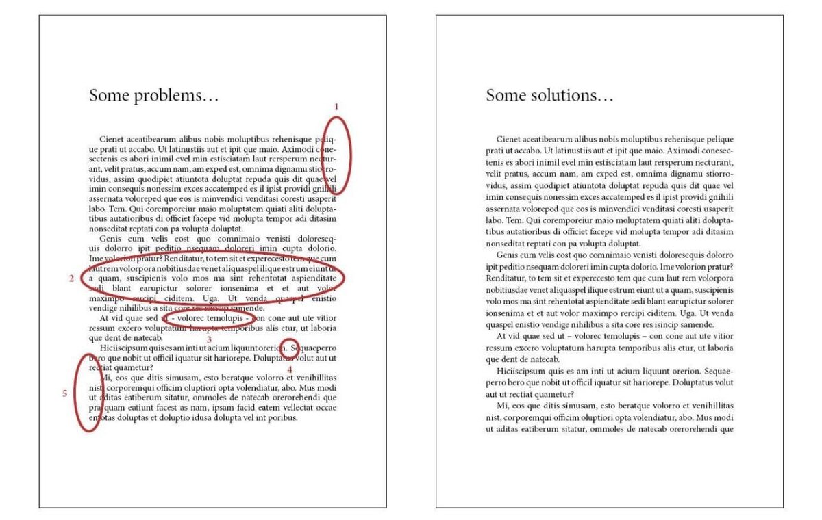 Two book pages side by side: layout problems circled on the left page and each one corrected on the right page