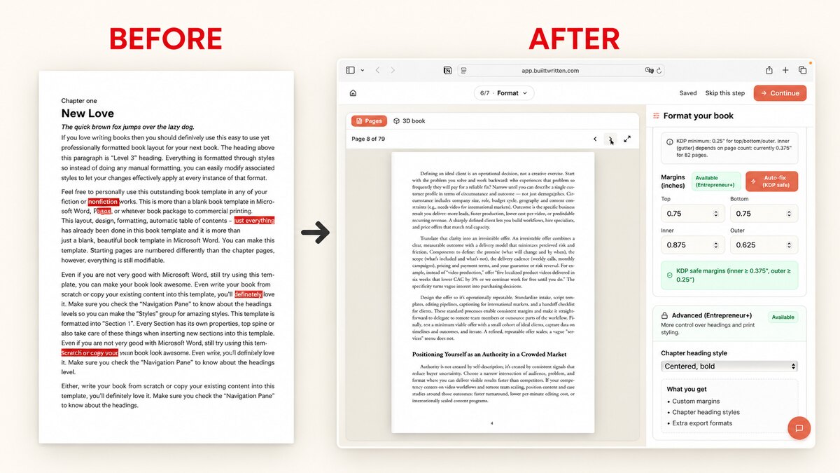 Before and after: a raw manuscript on the left and the same pages formatted with KDP-safe margins in Built&Written on the right