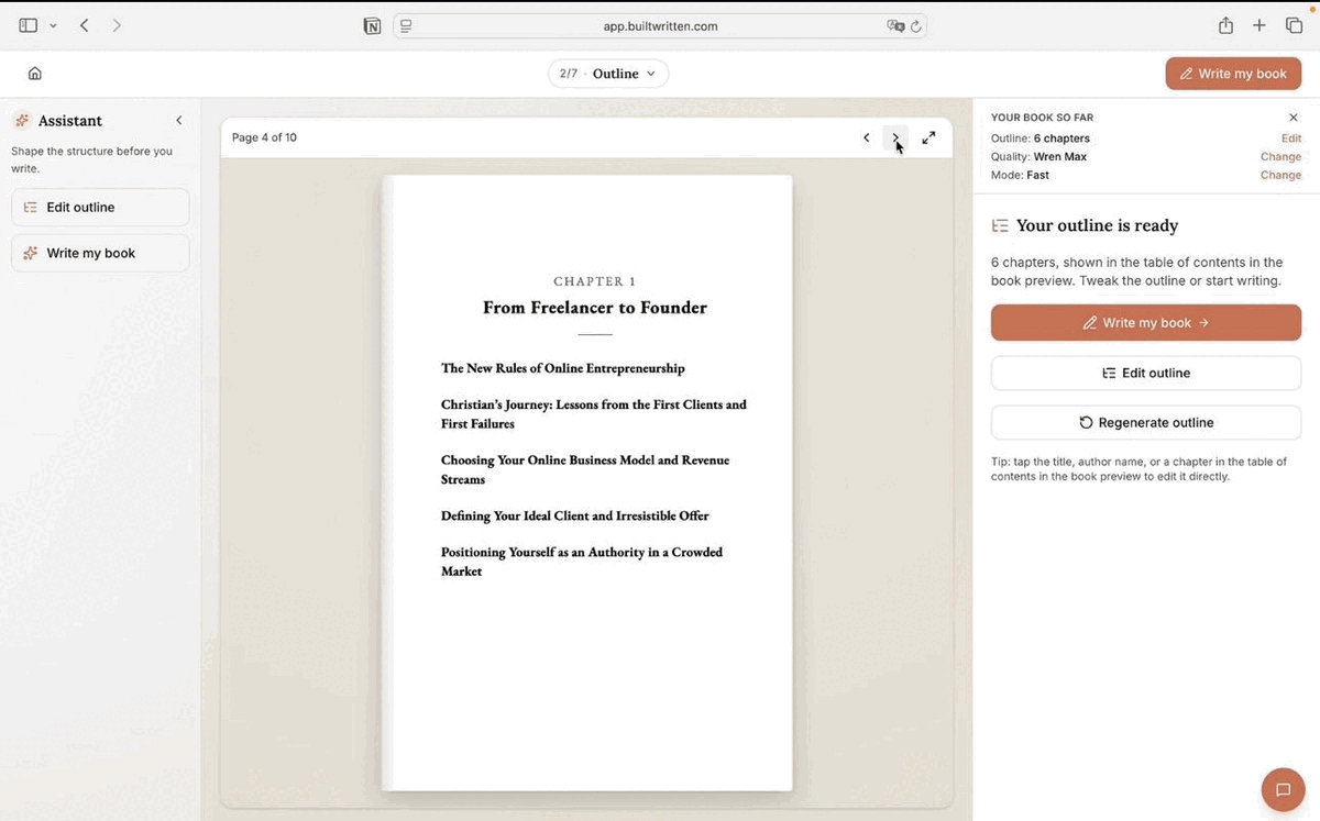Built&Written's editor showing a formatted chapter opening with the same layout rules applied across the book