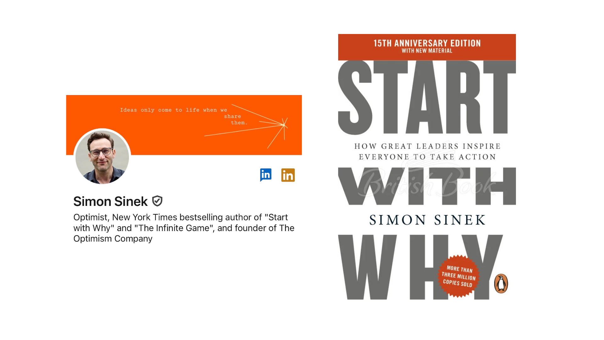 Simon Sinek's LinkedIn profile banner beside his book, still in print as a 15th-anniversary edition.
