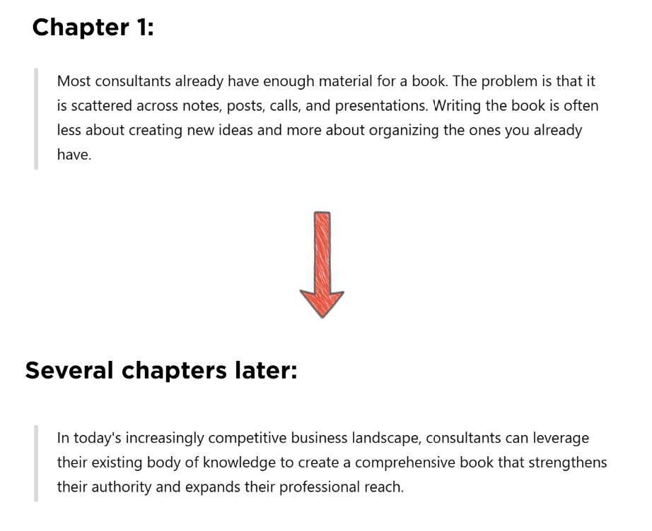 Example of ChatGPT voice drift: a direct, conversational paragraph from Chapter 1 next to a later chapter written in formal corporate language